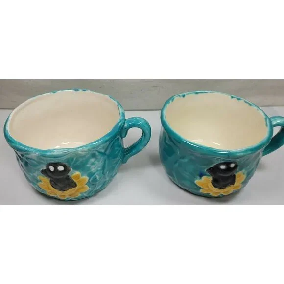 Vintage Ceramic Blue Abstract Hand Painted Serveware Coffee Mug Set Of 2 1988 - Picture 9 of 9